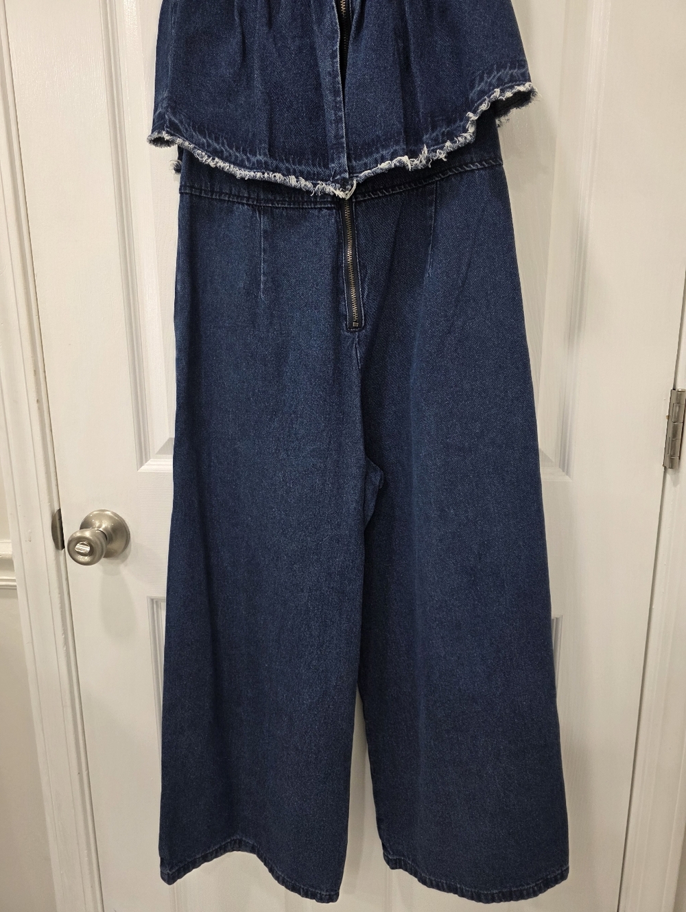 Anthropologie Hei Hei Strapless Tiered Cropped Wide-Leg Denim Jumpsuit Size XS - Picture 12 of 15